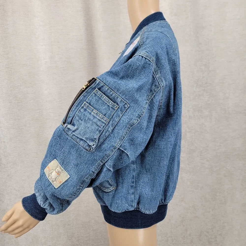 Guess Georges Marciano Vintage 80s Denim Bomber Jacket with Logo Patches RARE